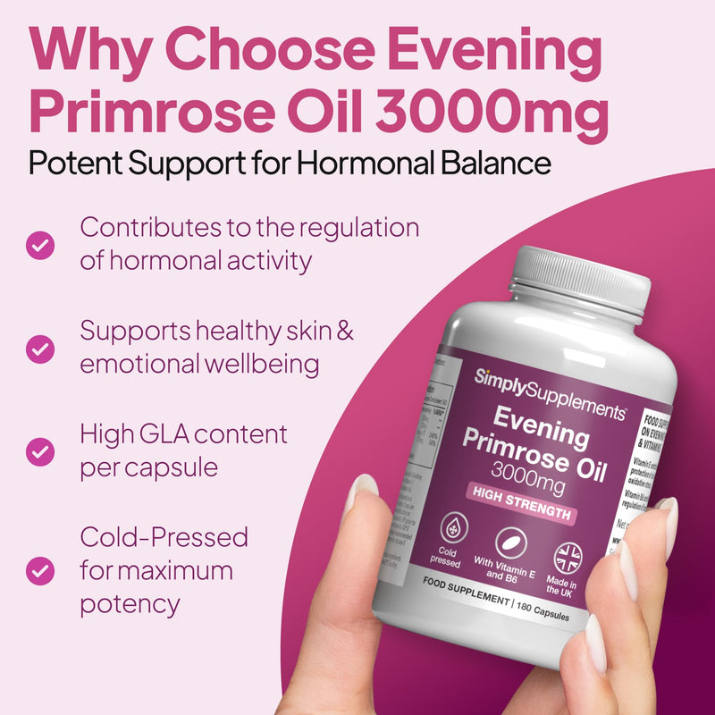Evening Primrose Oil 3000mg Capsules | Supports Hormonal Balance & Healthy Skin | with Added Vitamins B6 & E | 360 Softgels Capsules = 4 Months’ Supply | GMP-Certified & UK-Made Unflavoured 180 count (Pack of 2)