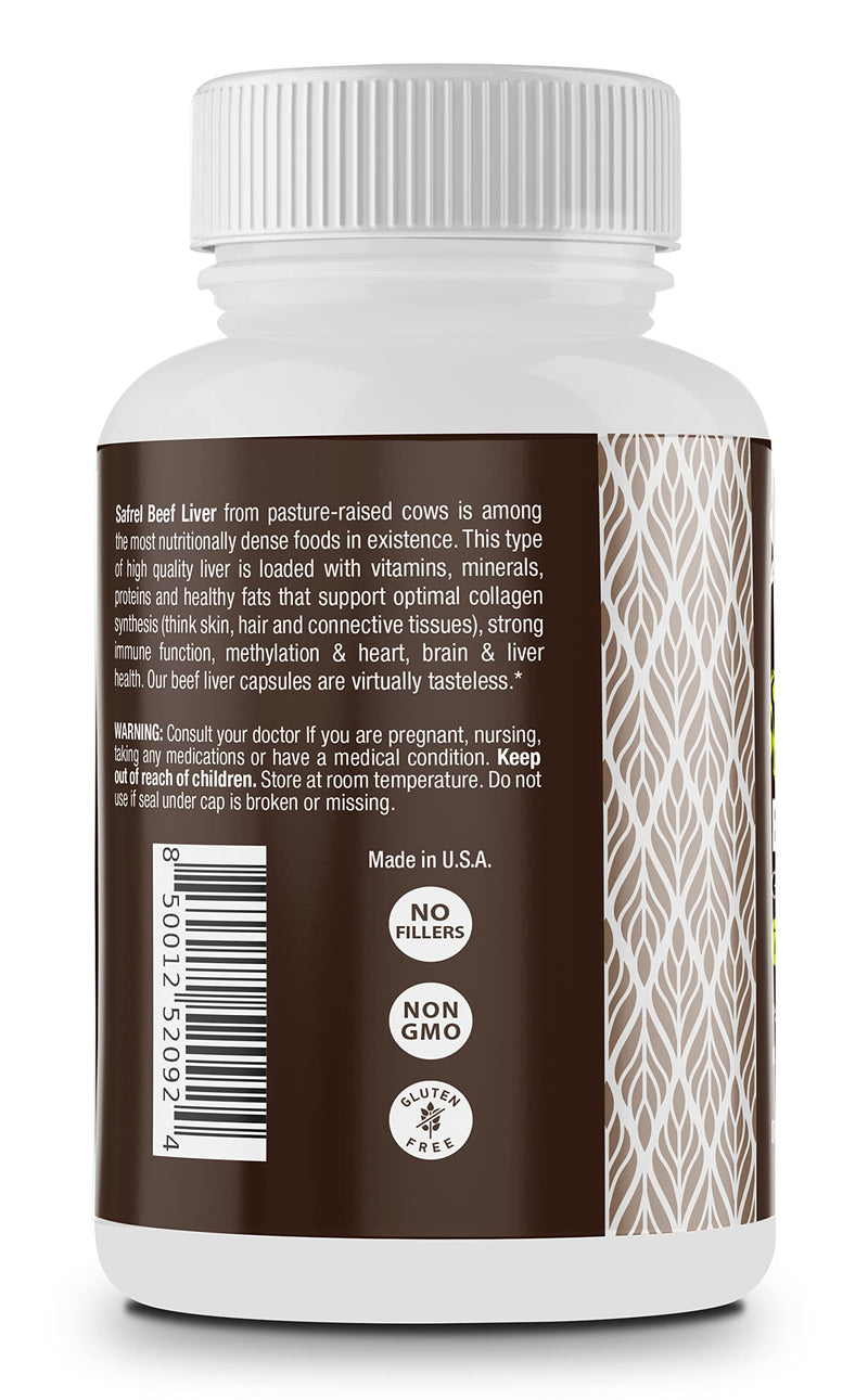 Safrel Grass Fed Desiccated Beef Liver Capsules – Pasture Raised – Undefatted 750mg Each | No Fillers | Natural Iron, Vitamin A, B12 for Energy | Non-GMO | Hormone & Pesticide Free | Gluten-Free