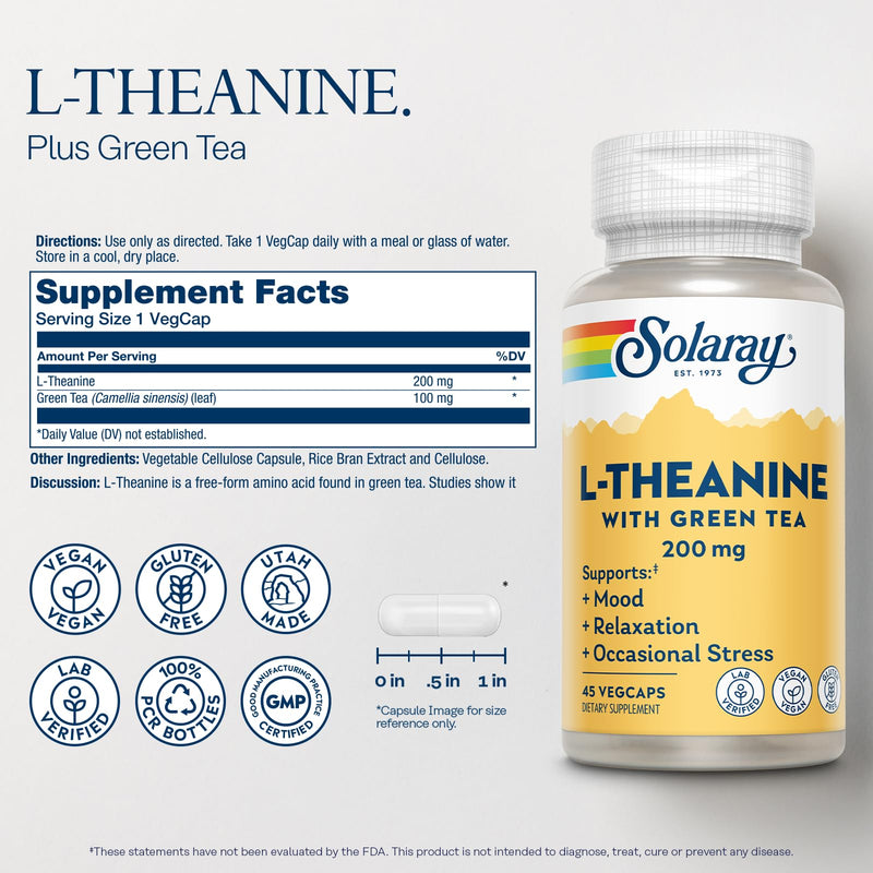 SOLARAY L-Theanine 200 mg with Green Tea, 45 VegCaps | Mood, Relaxation & Occasional Stress Support, 45 Servings, Vegan, Gluten Free, Lab Verified