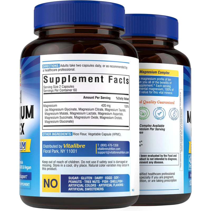[Australia] - 10 in 1 Magnesium Complex, 420mg Elemental Magnesium | Ultra Strength, Max Absorption | Chelated Magnesium Supplement for Sleep, Nerves & Heart Health | Non-GMO, 120 Vegan Capsules 10 in 1 Magnesium Complex 120 Count (Pack of 1) 