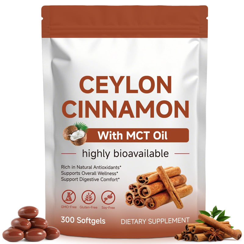 Ceylon Cinnamon Softgels with MCT Oil, Daily Wellness Supplement, Non-GMO & Gluten Free, 300 Softgels