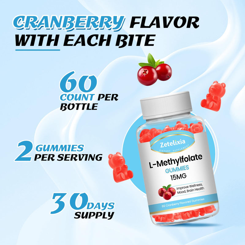 L-Methylfolate 15mg & Methyl B12 Gummies, Folate Supplement for Brain Health, Mood & Immunity, DNA Synthesis & Repair, Sugar Free, Vegan, Cranberry Flavor, 60 Count 60 Count (Pack of 1)