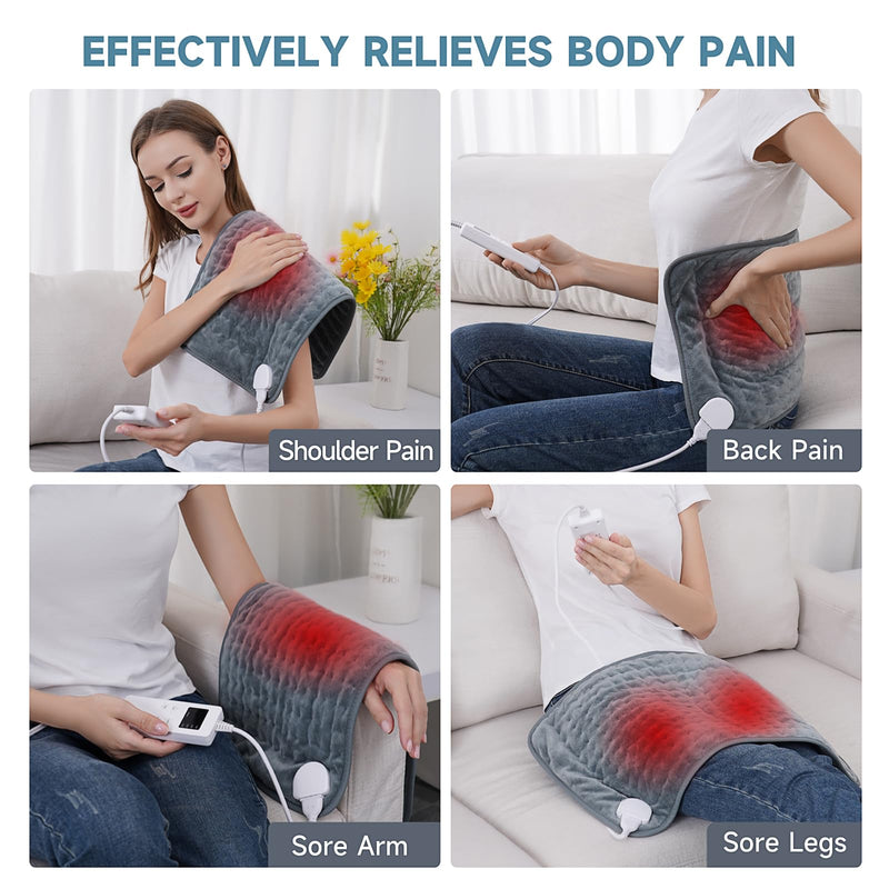 [Australia] - Heating Pad for Back Pain Relief, ZUODUN Electric Heating Pads for Cramps with Auto Shut Off & 6 Heat Levels, Moist Heat Therapy, Machine Washable, LED Controller, Gifts for Women, Men Gray-12 x 24 Inch 