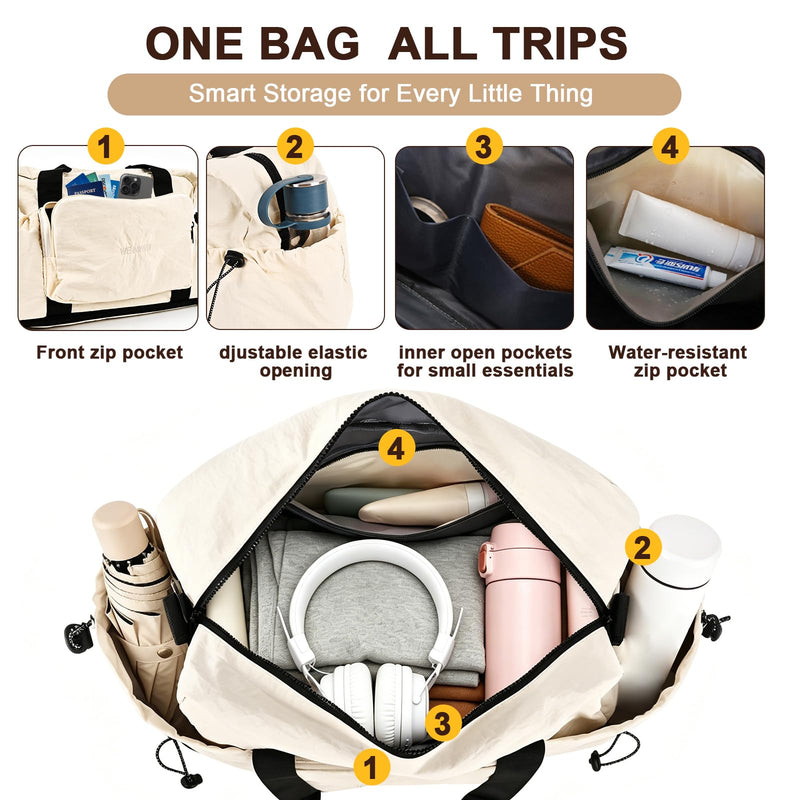 Foldable Travel Bag for Women, Expandable 28L-40L Lightweight Personal Item Carry On Bag, Packable Duffel Bag, Weekender Overnight Travel Tote, Collapsible Luggage Bag, Cream White