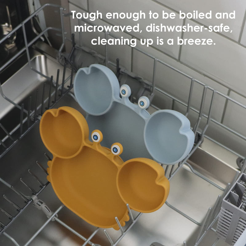 [Australia] - ROCCED Suction Plates for Baby, Silicone Plates with Suction Divided, Baby Spoon Fork Set for Toddler Baby Dishes Kids Plates and Utensils-Crab Dusty Blue 