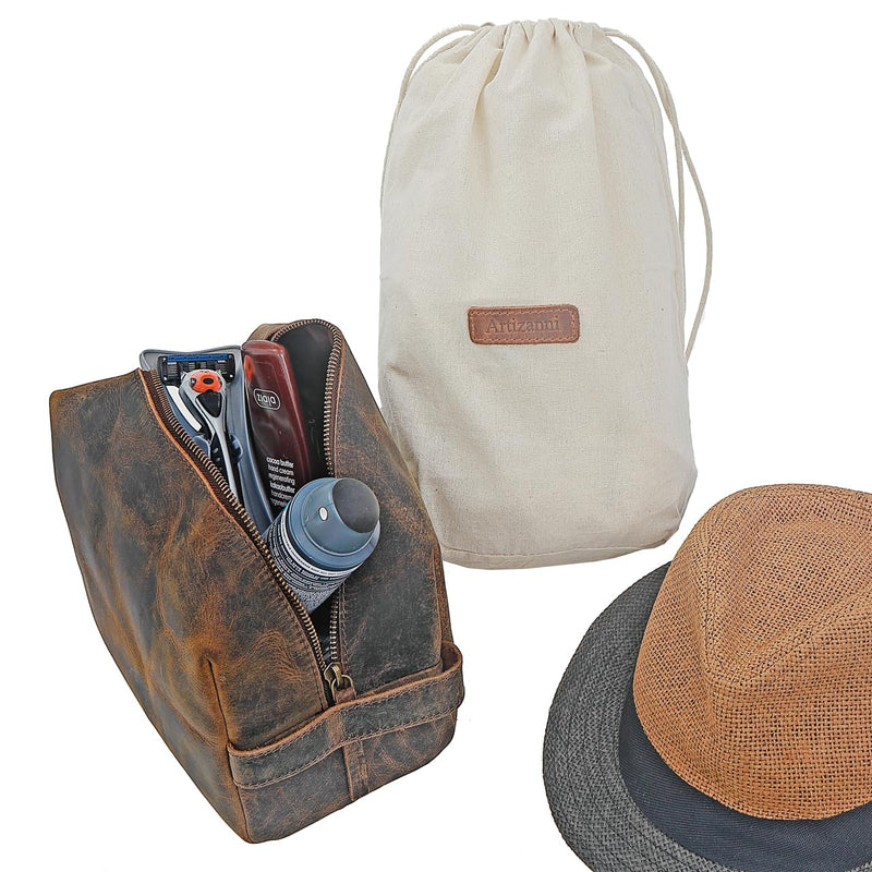 Premium Leather Unisex Toiletry Travel Pouch, Cosmetic Bag Organizer Stylish Waterproof Lining Vintage Unisex Kit, Water Resistant-Cosmetic Case DOPP Kit SD 064 (Coffee) Coffee