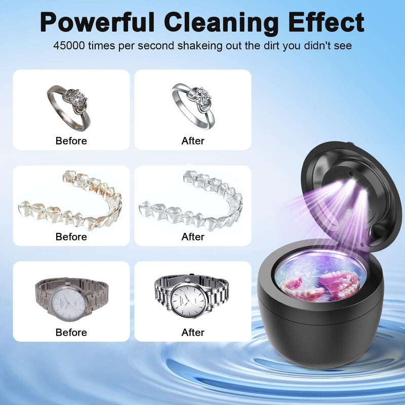 [Australia] - 45kHz Ultrasonic Retainer Cleaner Machine, 200ML Denture Cleaner, 4 Modes with Digital Timer Mouth Guard Cleaner, Night Guard Cleaner Dental Cleaning Pod for Aligner, Braces, Jewelry (Dark Black) 