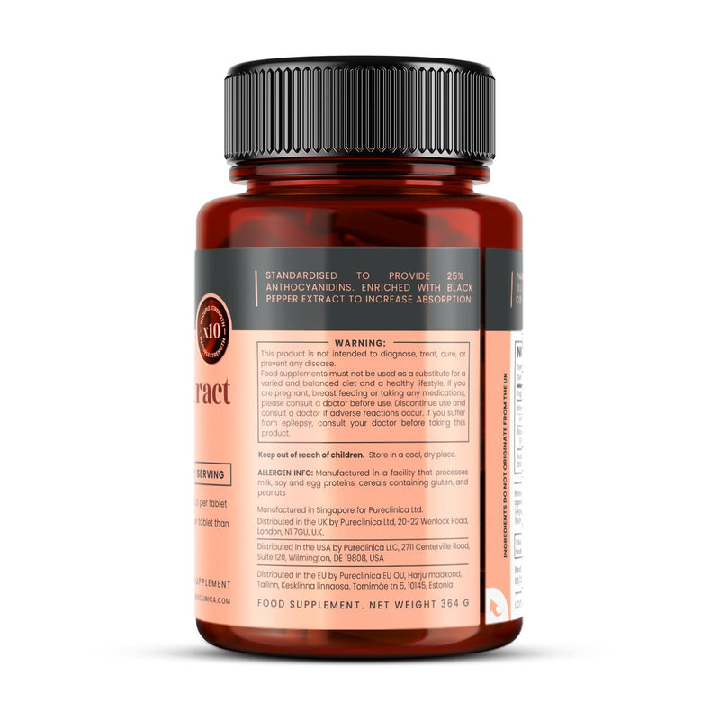 Pureclinica Bilberry Extract 1000mg (10:1) per Tablet – with Black Pepper Extract – 180 Tablets – High Strength – 6 Month Supply 180 count (Pack of 1)