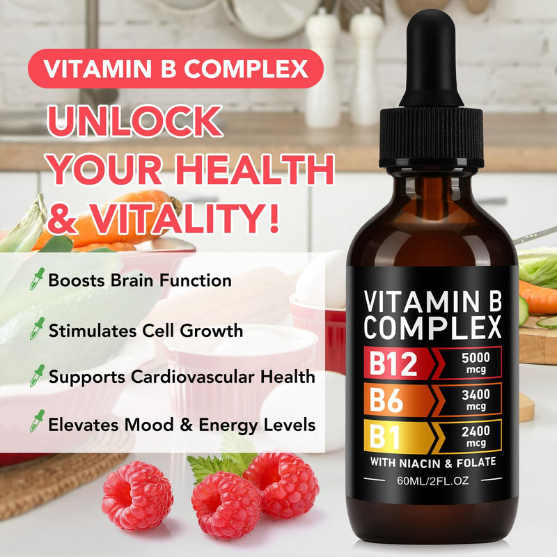 Vitamin B Complex Liquid Drops, 60ml | with Vitamin B12, B6, B1 and Folate, for Metabolic Health Support, Immune Support, Energy Levels, Brain Heart Function, for Men & Women
