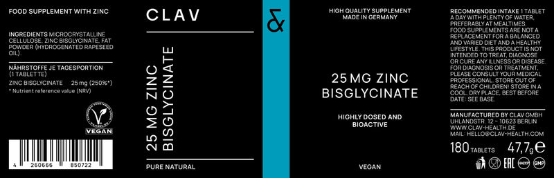 Zinc 25mg Vegan Certified - 180 Elemental Zinc Tablets in a Jar (6 Months Supply) - High Strength Zinc Bisglycinate Mineral Supplement - Supports Immune System, Hair, Skin & Nails for Women & Men