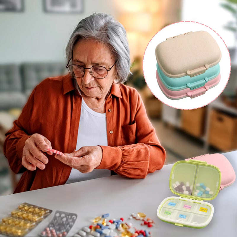 4 Pack Travel Pill Organizer,8 Compartments Weekly Pill Box Moisture Proof Small Pill Case for Pocket Purse Daily Portable Medicine Vitamin Holder Container（Blue+Green+Khaki+Pink） B