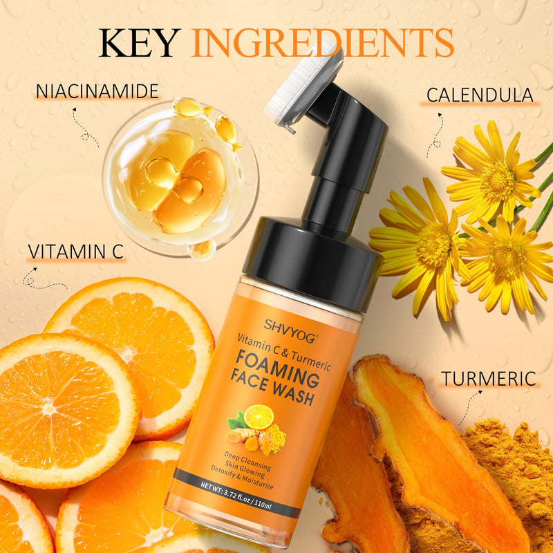 SHVYOG Vitamin C Turmeric Face Wash, Turmeric Foaming Facial Cleanser for Dark Spot, Uneven Skin Tone, Skin Cleansing, Moisturizing, Exfoliating Facial Cleanser with Brush,Unisex