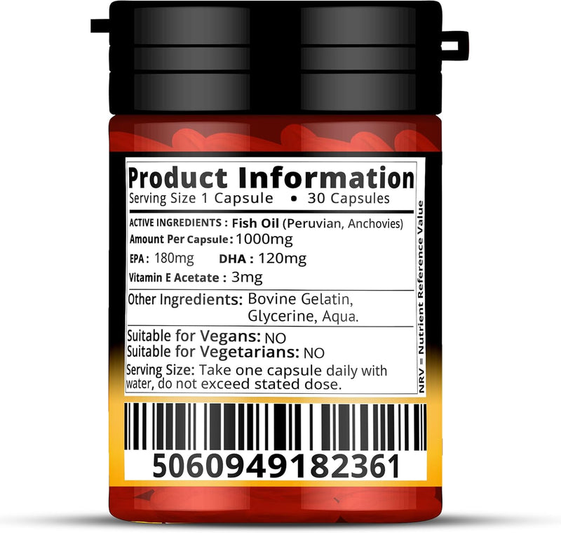 Omega 3 Fish Oil 1000mg, 30 Softgels (1 Month Supply), Double Strength 180mg EPA and 120mg DHA, Supports Eye, Heart & Brain Health for Men & Women - UK Made