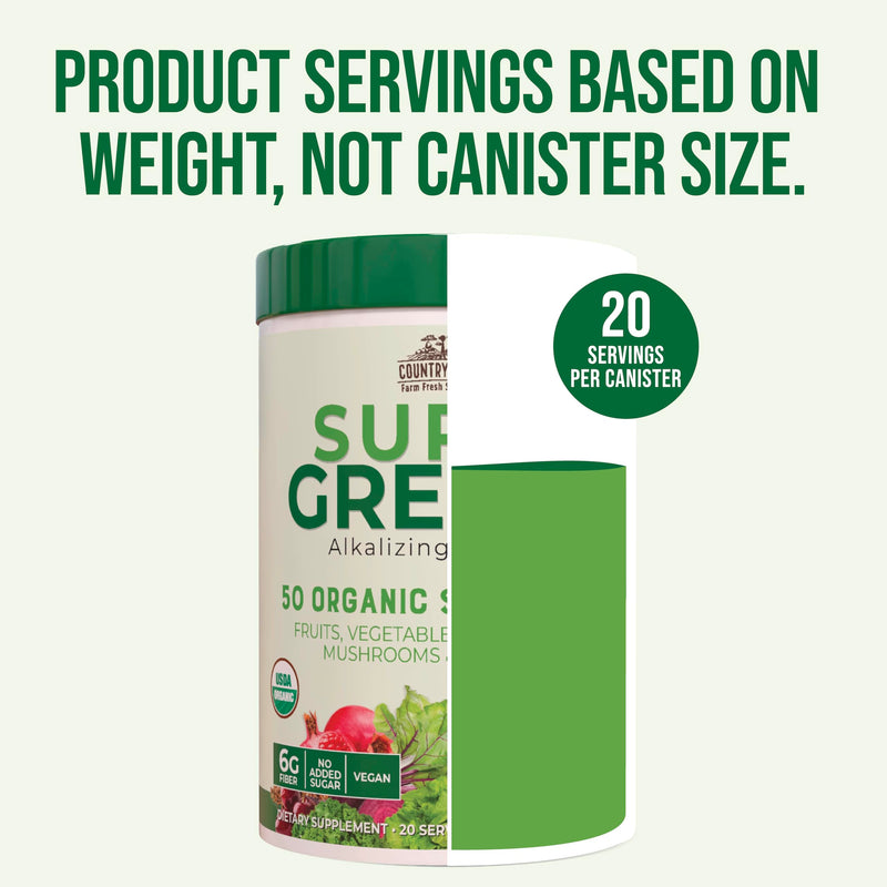 [Australia] - Country Farms Organic Super Greens Natural Flavor, 50 Organic Super Foods, Packed with Fiber, USDA Organic Drink Mix, Fruits, Vegetables, Mushrooms & Probiotics, Supports Energy, 6g Fiber 1 Count (Pack of 1) 