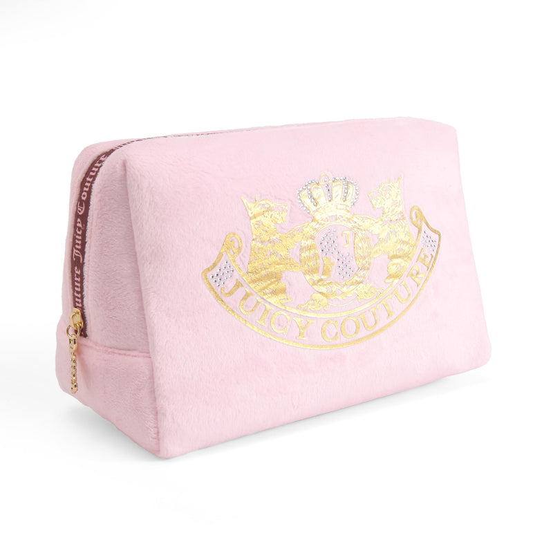 Juicy Couture Pink Makeup Bag Cosmetics Organizer Travel Essentials Zip Top Wedge Gold Terroir Dog Rhinestone Crown Velour