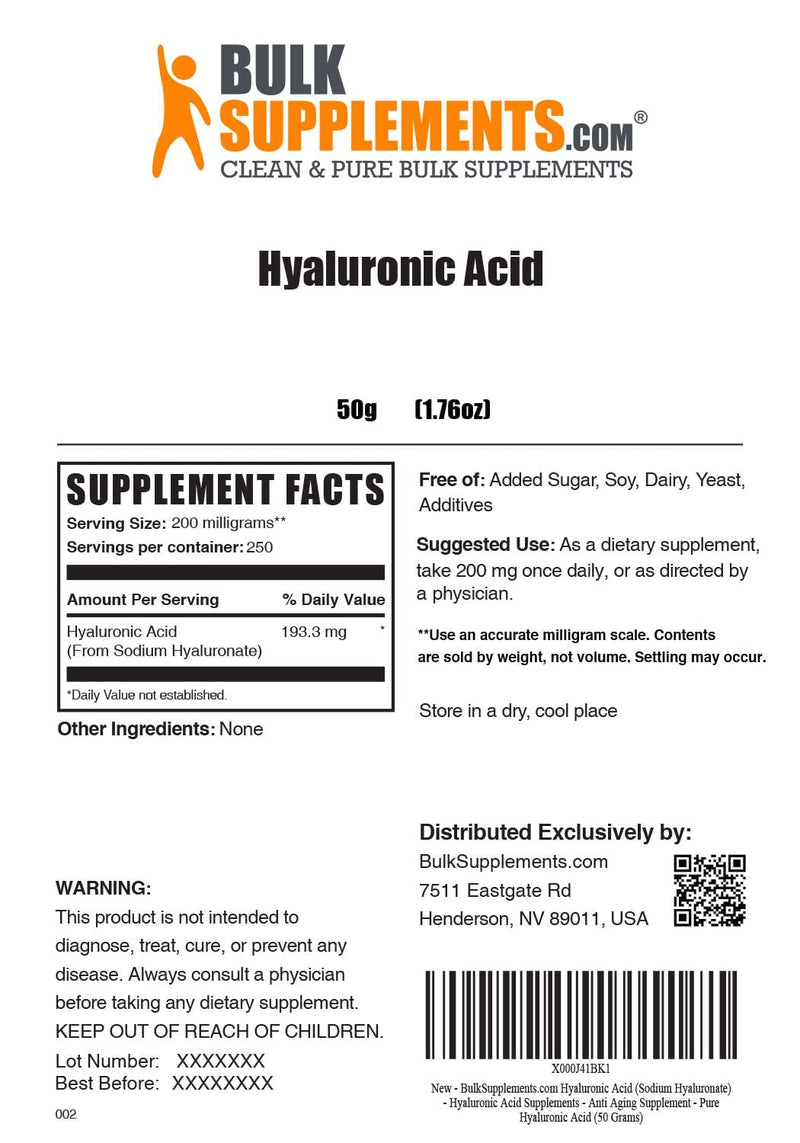 BulkSupplements.com Hyaluronic Acid Powder - Hyaluronic Acid Supplements, Hyaluronic Acid 215mg - Hyaluronic Acid Food Grade, Gluten Free - 215mg per Serving, 50g (1.8 oz) (Pack of 1) 233 Servings (Pack of 1)