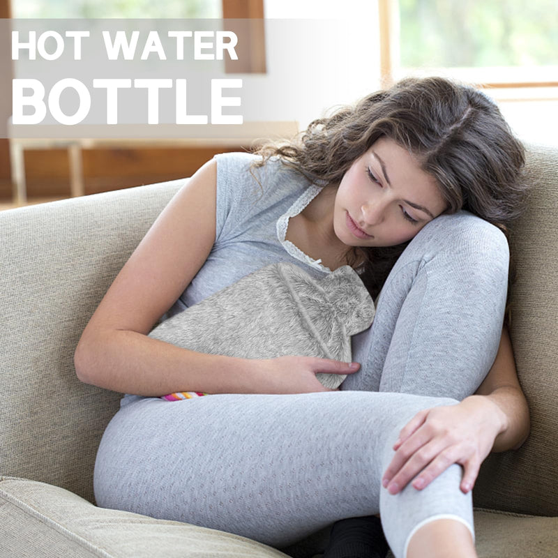 [Australia] - Jsdoin Hot Water Bottle with Cover - 2.0L Hot Water Bottles Leak-Proof, Natural Rubber + Bed Bottle Fluffy, Hot Water Bottle for Neck and Shoulder, Back, Legs, Waist Warming (Grey) Grey 