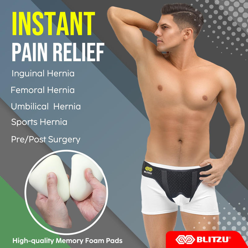 [Australia] - BLITZU Single Double Bilateral Inguinal Hernia Belt Truss for Sports, Incisional, Femoral, Umbilical Support Brace for Men Women. Pain Relief Surgery Recovery with 2 Removable Compression Pads S-M Small/Medium 