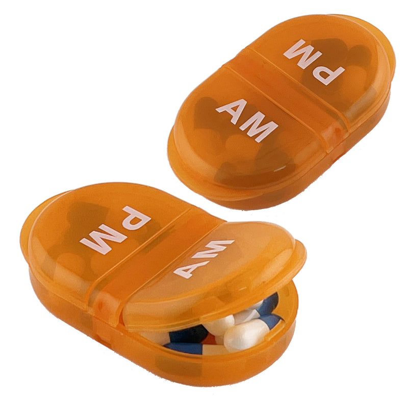 Deke Home - Pill Organizer AM PM, 2 Compartment Pill Box for Pocket or Purse, Small Daily Medicine Case, Travel Pill Holder, Easy Open Pill Container for Seniors, Vitamins & Supplements (Orang) Orange