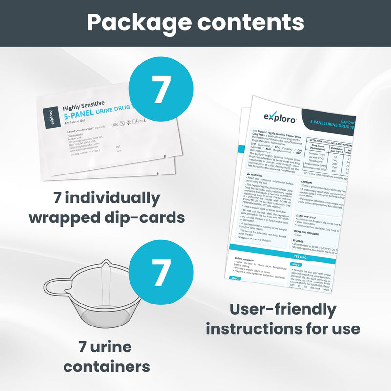 Exploro 5 Panel Drug Test Kit – at Home Urine Drug Test for THC, Cocaine, Opiates, Amphetamines & Benzodiazepines – Rapid & Accurate & Easy at Home Drug Testing Strips (Pack of 7) 7 Count (Pack of 1)