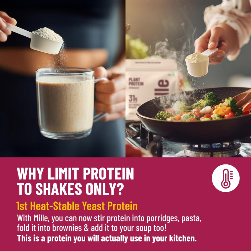 Mille Vegan Protein Powder | 31g Protein | Unflavoured | Made with Fermented Yeast Powder | Heat Stable | No Bloat, Mixes Easily, No Taste | Has All 9 Essential Amino Acids (500g) 500g
