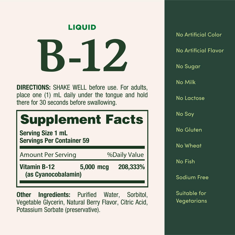 Nature’s Bounty Vitamin B12 5000 mcg Sublingual Liquid, Cardiovascular Health & Cellular Energy Support, 2 Fl Oz (1 Count) 2 Fl Oz (Pack of 1)
