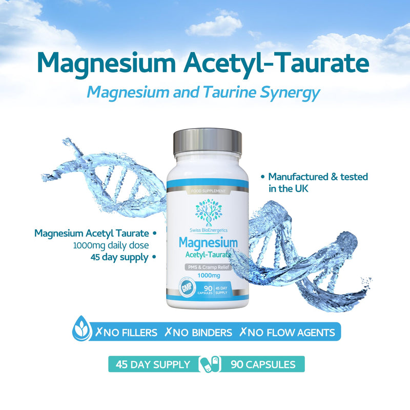 Magnesium Acetyl Taurate 1000mg Daily Dose – 45 Day Supply - Easily Absorbable - PMS, Cramps, Migraine & Sleep Support - No Fillers or Binders – Alternative to Magnesium L-Threonate - UK Made