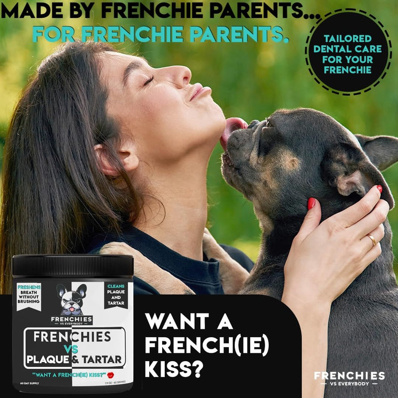 French Bulldog Optimized Dog Teeth Cleaning Powder Plaque Remover & Tartar Control - Dog Breath Freshener Strong Teeth & Gums - Dog Dental Powder Easy Teeth Cleaning - Herbal Blend - USA (60 Scoops) - PawsPlanet Australia