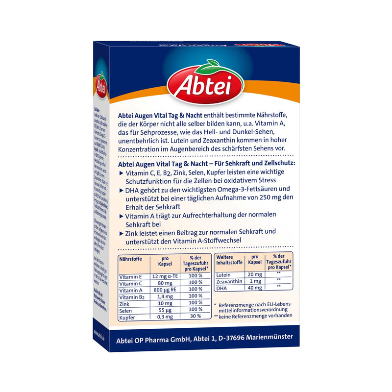 [Australia] - Abtei Augen Vital day and night – to maintain vision – high dosage, gluten-free, lactose-free – supply pack – 90 capsules for 3 months 