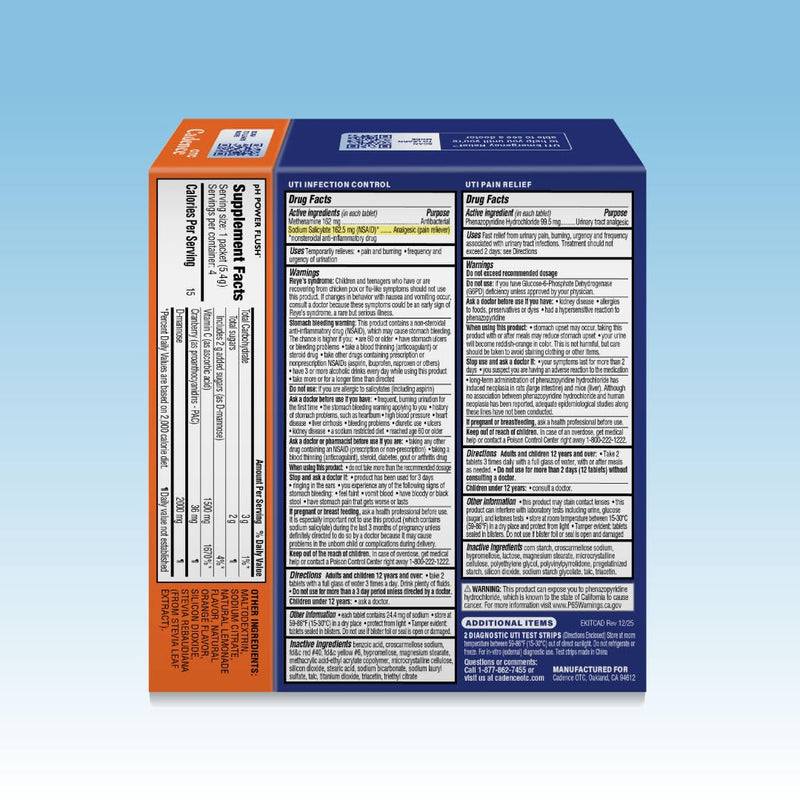 Complete 4-in-1 UTI Emergency Relief Care Kit Comes with 2 Urinary Tract Infection Test Strips, 12 UTI Maximum Strength Pain Relief Tables, 12 Infection Control Tablets and Proprietary pH Power Flush