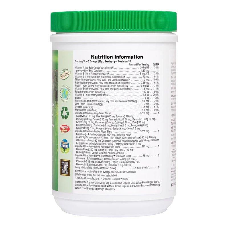 NaturesPlus Ultra Juice Green Powder - Organic Superfoods, Probiotics, Herbs, Spirulina, Chlorella, Chlorophyll - Gluten Free - 300g Powder
