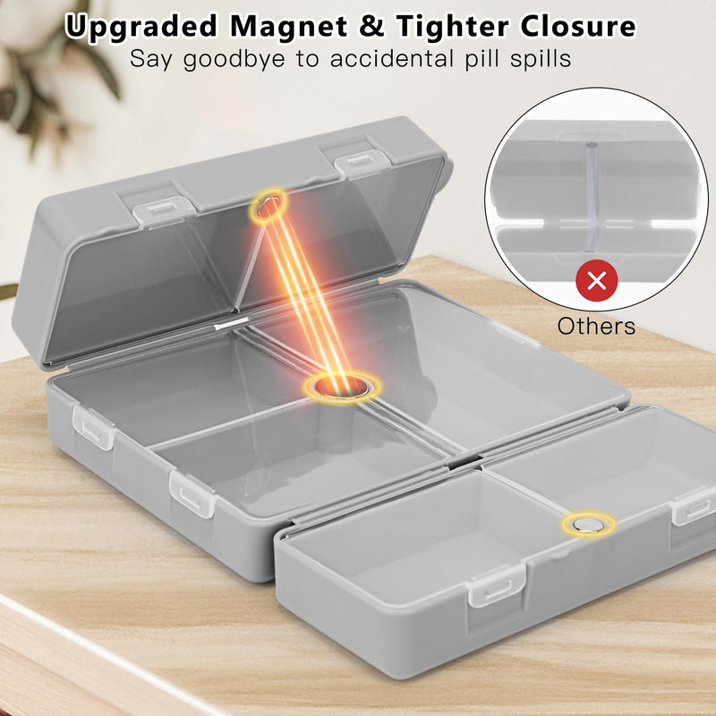 FYY Travel Pill Organizer, Pill Box Medicine Case-2pcs Grey | Easy to Use, Privacy Protection,Magnetic Foldable Pill Case for Purse or Pocket to Hold Vitamins,Supplements,Medication,2 Pcs Large (1 Piece), Small (1 Piece)