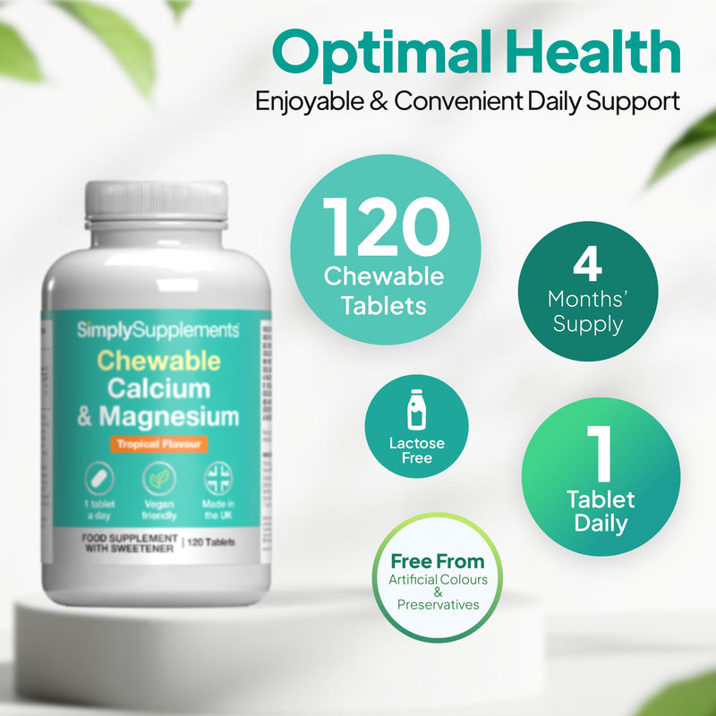 Calcium & Magnesium Chewable Tablets | Supports Bone Strength, Muscle Function & Energy | Tasty Tropical Flavour | Vegan Friendly | 120 Tablets = 4 Months’ Supply | GMP-Certified & UK-Made New Label Design