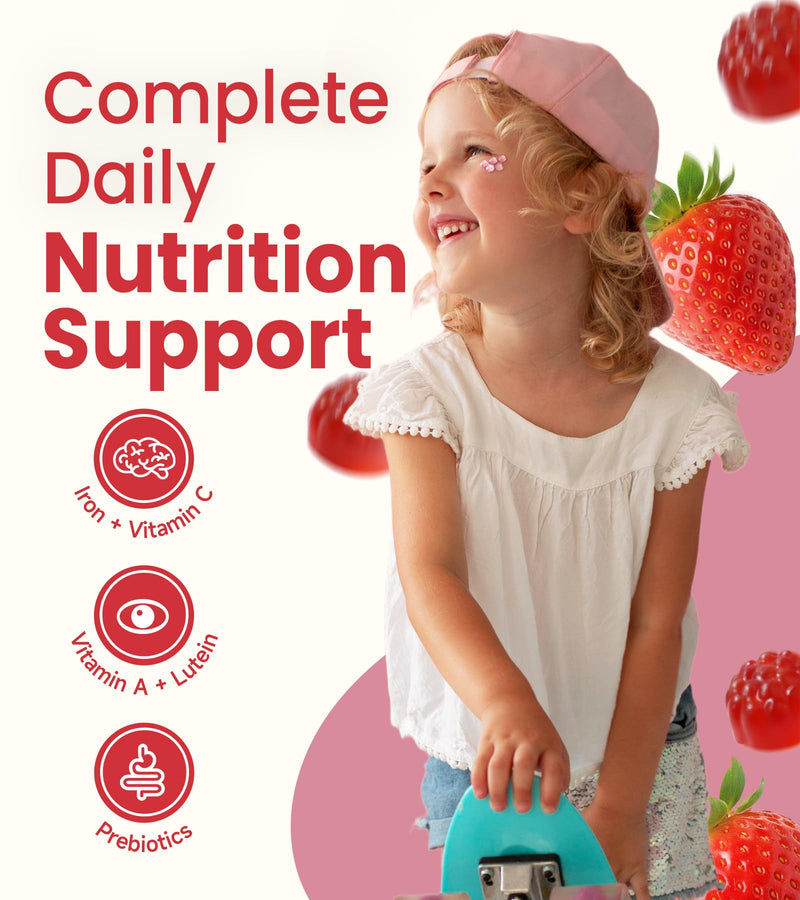 Iron Gummies for Kids & Teens, Kids Multivitamin with 20mg Iron Supplement, Vitamin A, C, B6 & Lutein – Sugar Free Multivitamin – Daily Nutrition & Eye Support, Strawberry Flavor, 60 Gummies 60 Count (Pack of 1)