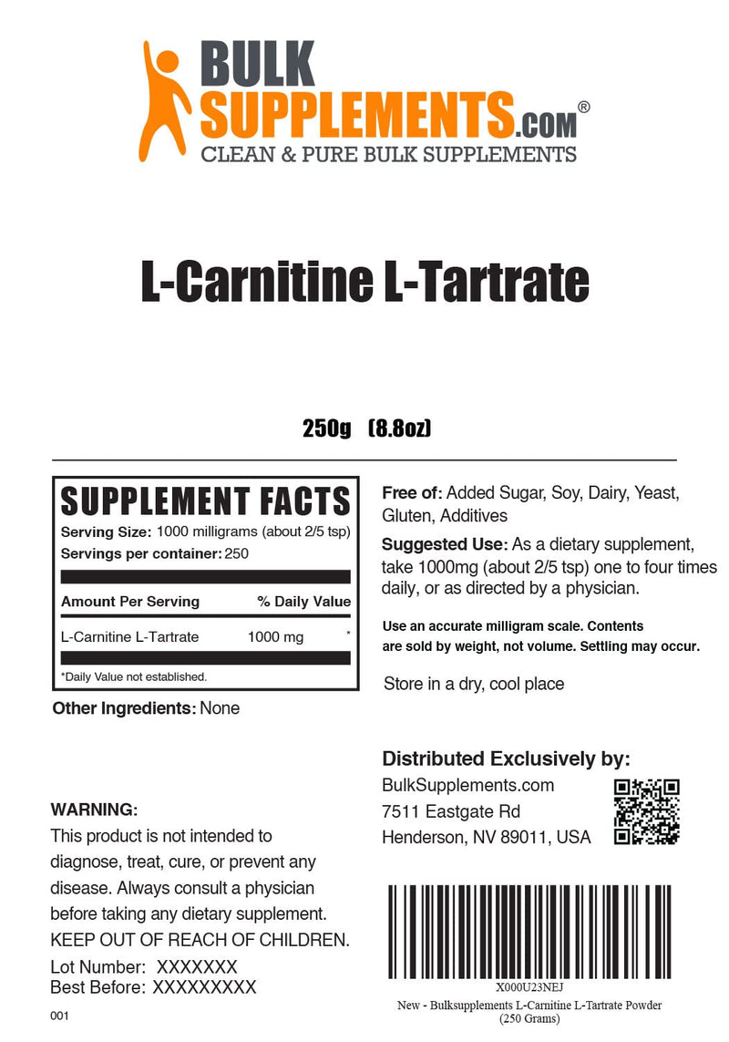 BulkSupplements.com L-Carnitine Tartrate Powder - Carnitine Supplement, L-Carnitine L-Tartrate, L Carnitine 1000mg - Unflavored & Gluten Free, 1000mg per Serving, 250g (8.8 oz) (Pack of 1) 250 Servings (Pack of 1)