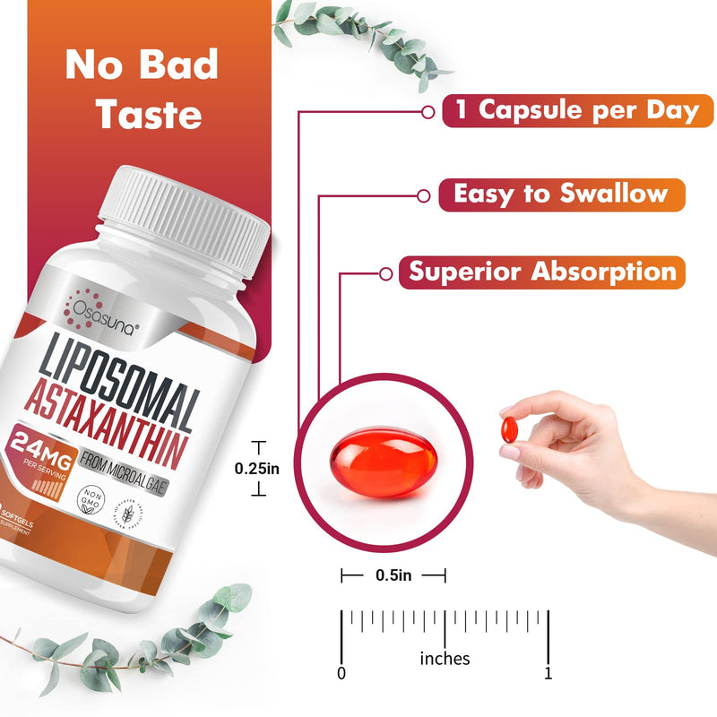 [Australia] - Liposomal Astaxanthin Supplement 24 MG, Maximum Absorption, Antioxidant Stronger Than VIT C, Non-GMO & Gluten Free - 60 Softgels(2 Months Supply) 60 Count (Pack of 1) 