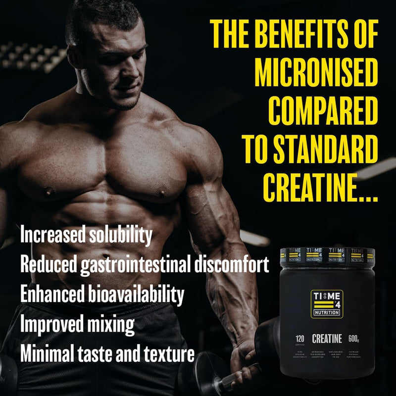 Time 4 Creatine Powder 600g - 120 x 5g Servings - Micronised Creatine Monohydrate Powder, Unflavoured 100% Pure Premium Grade Creatine Monohydrate, Easy to Mix, Vegan Friendly, Gluten Free, No Filler 600 g (Pack of 1)