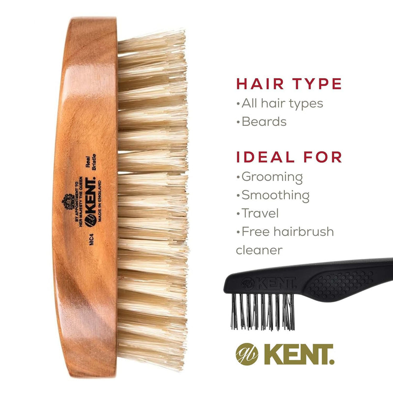 [Australia] - Kent MC4 Men's Hair and Beard Brush Kit: Exfoliating Natural Boar Bristle Hair Brush, Cherrywood Base with Firm Bristles for Coarse Hair Types - LPC3 Brush Cleaner - Premium Grooming Set MC4. 