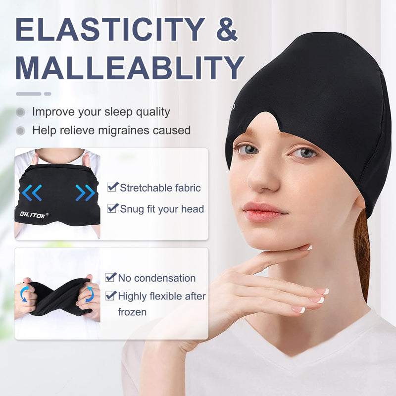 [Australia] - Migraine Headache Relief Cap, Gel Ice Head Wrap, Hot and Cold Therapy, Headache Eyes Mask for Sinus, Puffy Eyes, Tension and Stress Relief (Black) Black 