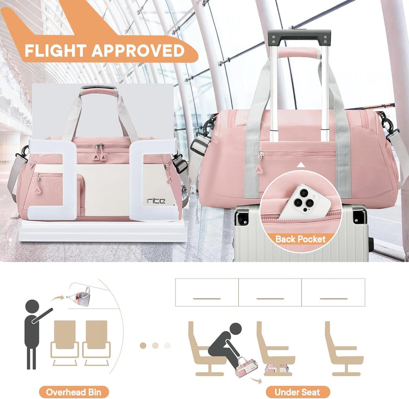 Storite Travel Duffle Bag with Shoe Compartment, Light Pink, 50x25x27 cm | Water Resistant Nylon, Lightweight, Multi-Pocket, Wet Pocket, Adjustable Shoulder Strap, Travel, Gym, Overnight Use Style - 2