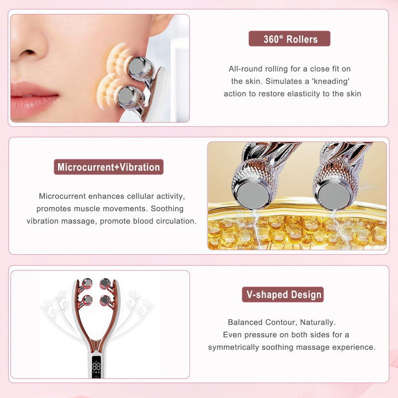 Wireless Facial Massager, 3D Roller Electric Facial Roller, Rechargeable V-Shape Sculpting & Puffiness Relief Tool, Face Roller Lymphatic Drainage for Home & Travel Use (Roller)