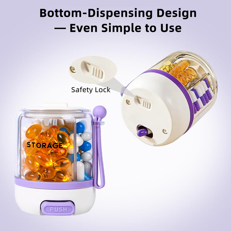 4 Compartments Pill Bottle Organizer, Anti-Mix Travel Pill Dispenser with Safety Lock, Pill Case with 16pcs Labels, Cute Pill Organizer for Seniors, Caregivers & Daily Vitamin Management(Purple) Purple