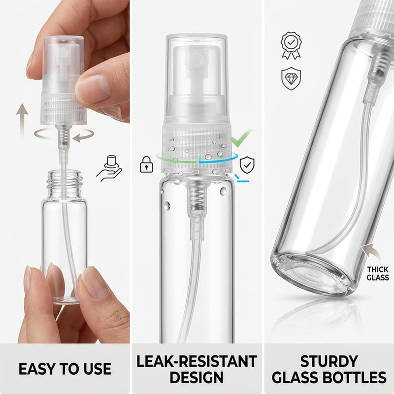 320 Pcs Mini Spray Bottles with 10 Perfume Dispensers, 10 Droppers, and 10 Funnels, Clear Refillable Glass Perfume Atomizer for Travel, Fragrance, Scent Samples, and Pocket Dispensers (10ml)