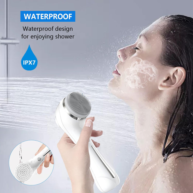 Facial Cleansing Brush, 2 in 1 Ｗaterproof IPx7 Facial Spin Scrubber Set with 4 Brush Heads, Rechargeable Exfoliating Face Brush Deep Cleansing, Gently Exfoliate and Remove Blackhead