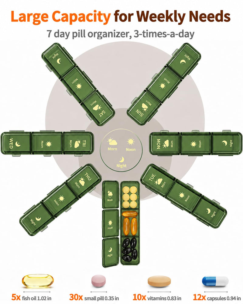 Weekly Pill Organizer 3X a Day, Large 7 Day Pill Box 3 Times a Day with 7 Compartments, Portable Travel Daily Pill Box for Medication, Vitamins, Fish Oil and Supplements, Green Luxury Green