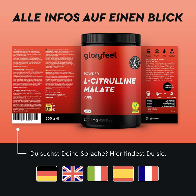 [Australia] - L-Citrulline Malate 2:1 Powder 600g - High-dose pre-workout amino acid - 4800mg Citrulline Malate - Optimal solubility and highest purity - Laboratory tested, vegan and without additives 