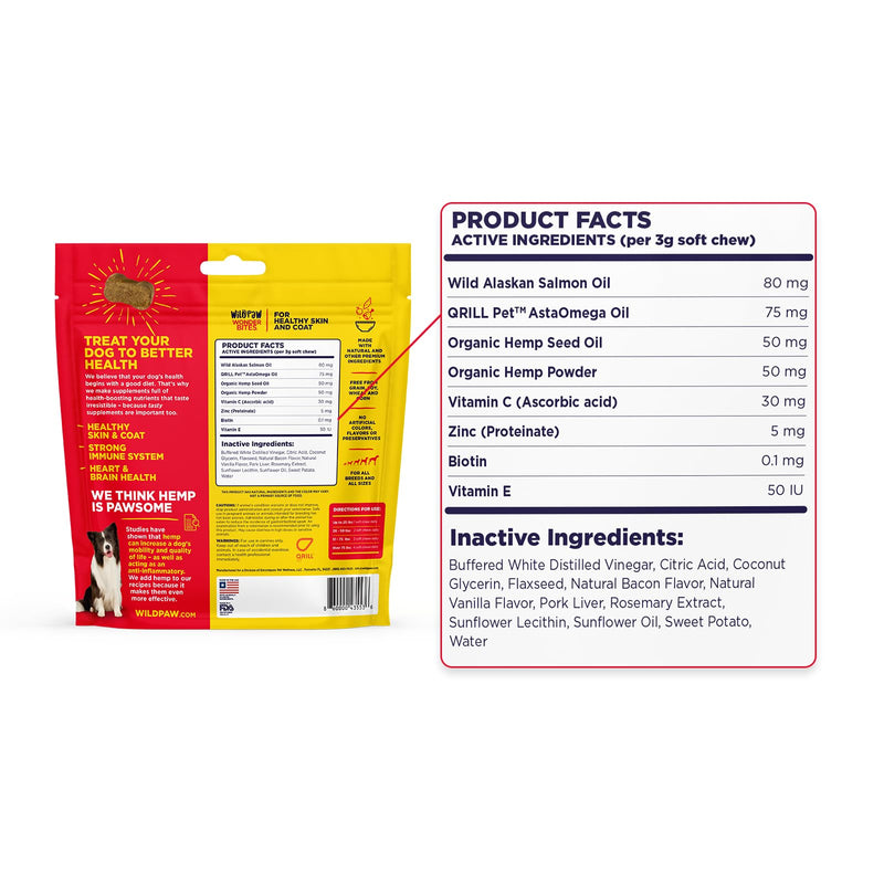 WonderBites for Healthy Skin and Coat - Skin & Coat Health Supplement for Dogs - Salmon Fish Oil Supplement - Hemp Chews for Dogs with Zinc - 90 Soft Chews - PawsPlanet Australia