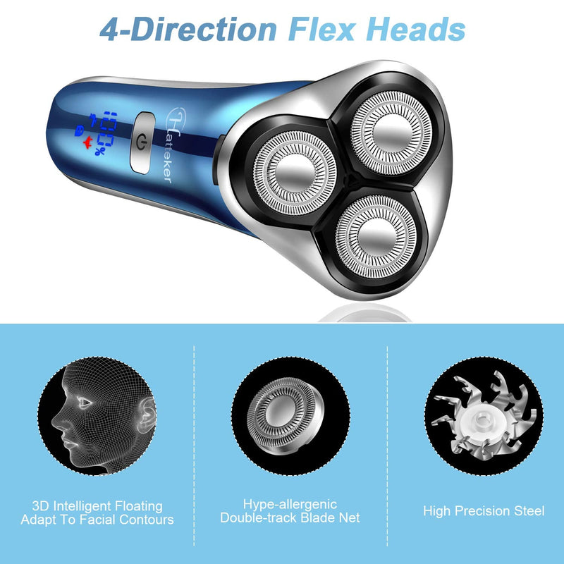 [Australia] - Hatteker Electric Shaver for Men Trimmer for Men Cordless Rechargeable Beard Nose Hair Face Trimmer Rotary Razor USB Groomer Waterproof Wet Dry 4 in 1 Blue 1 Count (Pack of 1) 