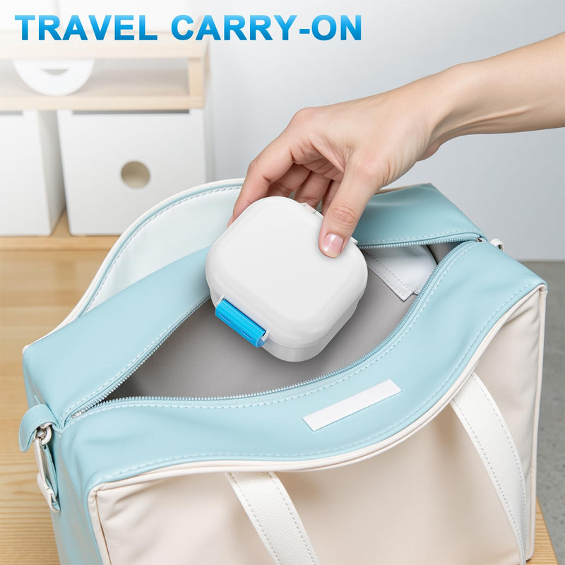 [Australia] - Leak Proof Denture Cup, Travel Denture Holder Case for Soaking Dentures, Portable False Teeth Container with Strainer, Retainer Cleaner Case, White + Blue. 