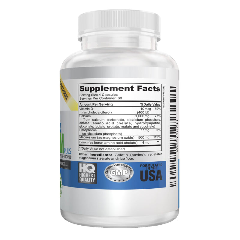 Vitalité Now! Calcium Magnesium Supplement 1000mg with Vitamin D | 10 Forms of Calcium for Maximum Absorption - Bone Strength Support with Boron and Phosphorus - 240 Capsules - 2 Month Supply